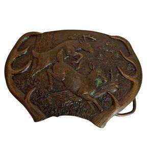 Bergamont Brass Works Belt Buckle Jumping Deer White Tail Antlers 1977 Vintage